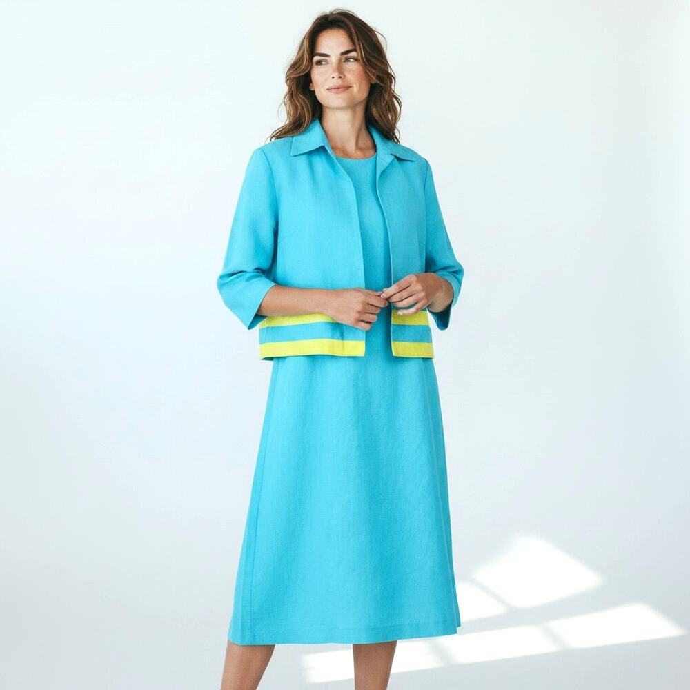 MAGGIE LONDON Aqua & Lime Green Linen Blend Dress And Jacket Set 12 Office Wear